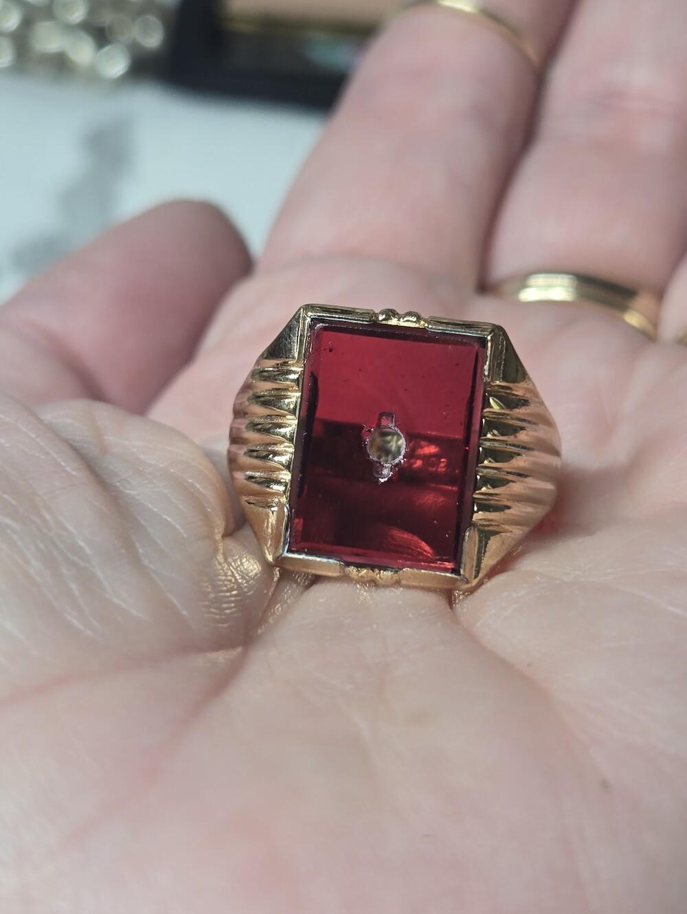 Vintage Rolled Gold Ring with Deep Red Rectangular Stone